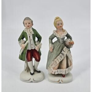 Vintage Japan Porcelain Colonial Couple Figurines w/ Lace Trim Mid Century Pair